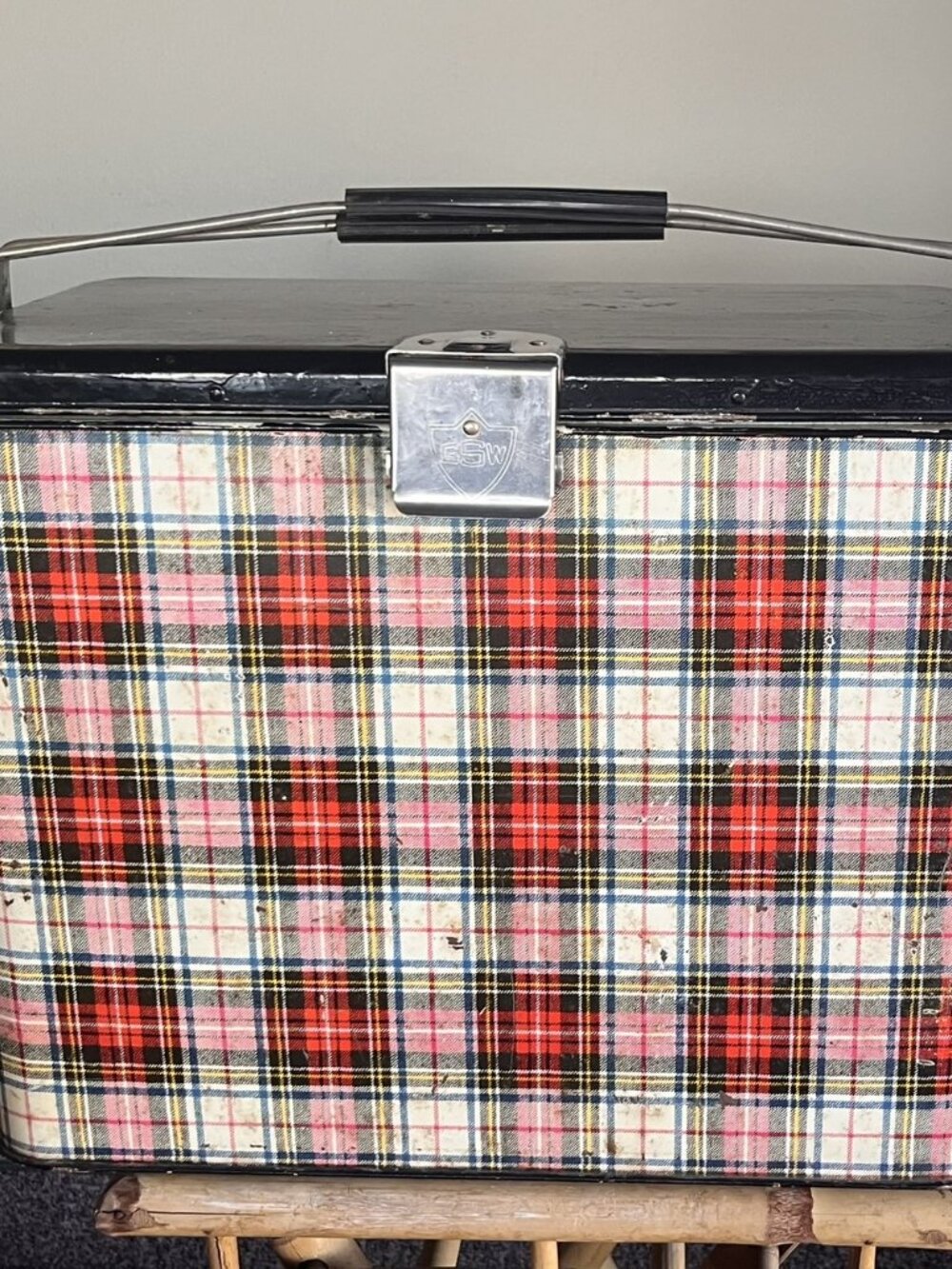 Vintage GSW Plaid Picnic Cooler Metal Ice Chest Tin 1950s MCM Canada - Picture 10 of 11